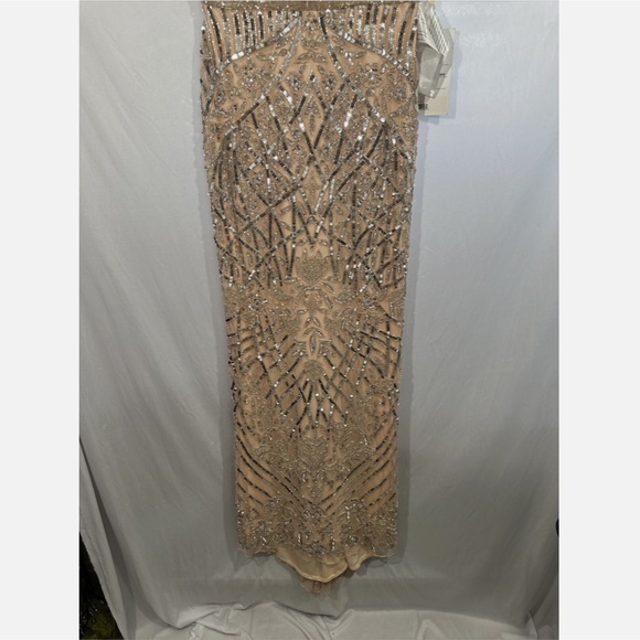 NWT $598 MAC DUGGAL [ 10 ] Embellished Fringe‎ Cap Sleeve Gown Platinum Pink - Picture 11 of 16